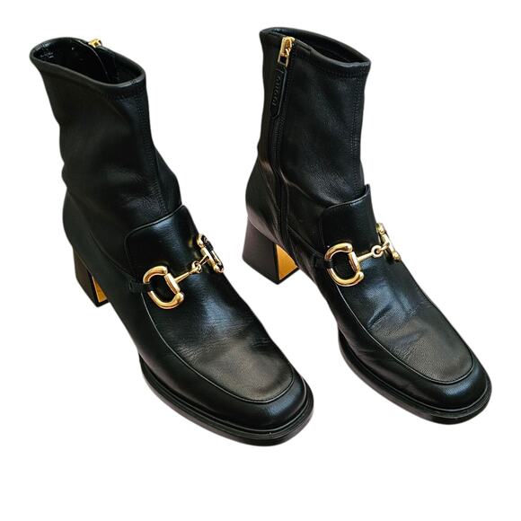 Gucci Baby Horsebit Sock Ankle Boot Size 39 US 9 Black Leather Block Heel Zip Up - Picture 1 of 11